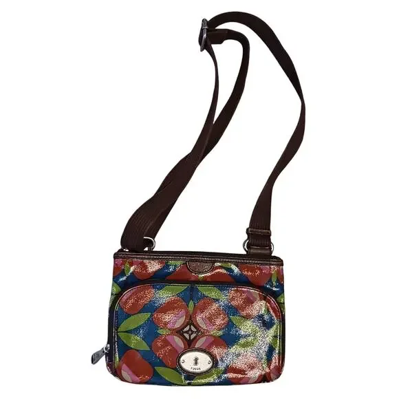 Fossil Key-Per Crossbody coated canvas Bag Brown Floral w/adjustable strap - Picture 1 of 9